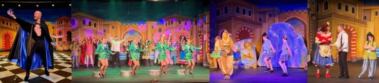 Aladdin - Whats The Show Collage of a vibrant stage show with performers in colorful costumes across four scenes.
